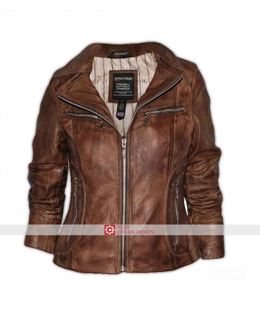 Ladies Brown Motorbike Motorcycle Biker Style Leather Jacket 