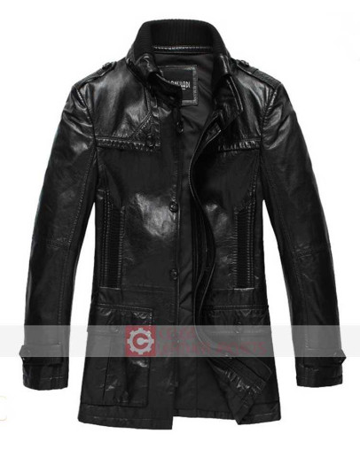Men's Black Leather Pea Coat