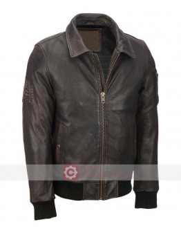 Mens Distressed Brown Leather Bomber Jacket