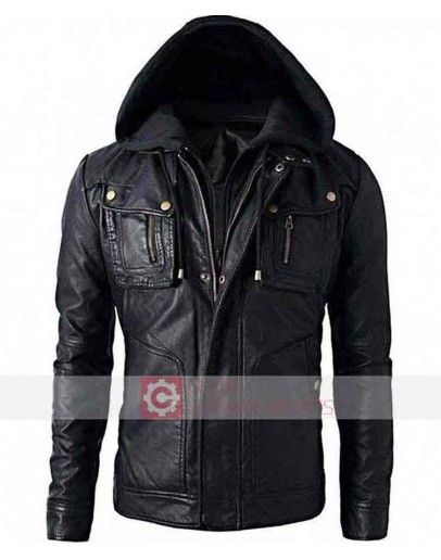 Men Slim-Fit Hooded Black Leather Jacket