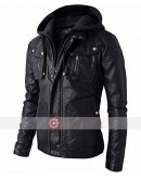Men Slim-Fit Hooded Black Leather Jacket