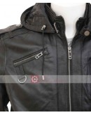 Slim Fit Bomber Leather Jacket With Hood