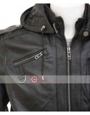 Slim Fit Bomber Leather Jacket With Hood