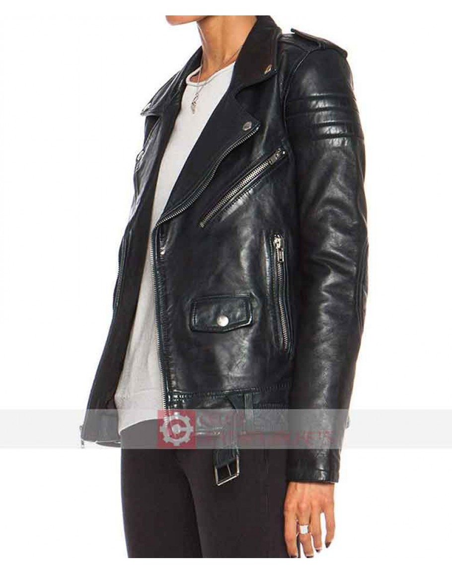 Charlie Ladies Leather Jacket Black Lambskin Quilted Shoulder Biker Style Jacket 