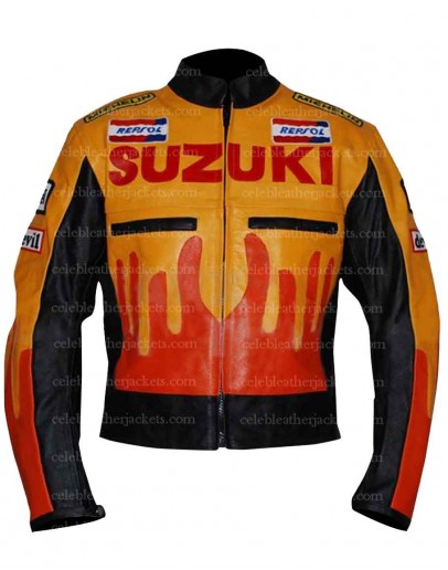 Suzuki Reposal Yellow And Orange Motorcycle Leather Jacket