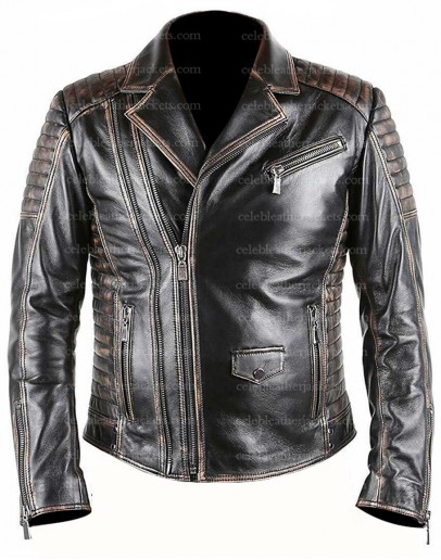 Brando Style Vintage Distressed Motorcycle Black Leather Jacket