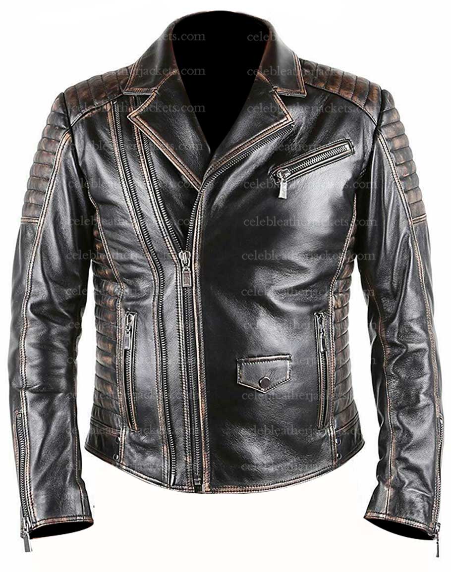 Distressed Biker Mens Motorcycle Vintage Motorcycle Black Genuine Leather Jacket