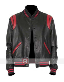 Black And Red Letterman Bomber Leather Jacket
