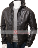 Men's Black Leather Hooded Jacket