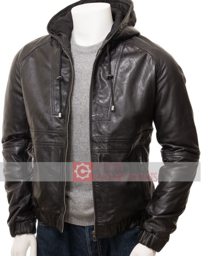 Men's Black Leather Hooded Jacket