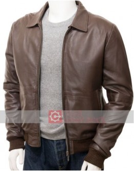Men's Classic Brown Leather Bomber Jacket