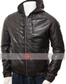 Men's Black Leather Hooded Jacket