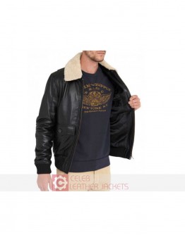 Black Men's Leather Bomber Jacket with Fur Collar
