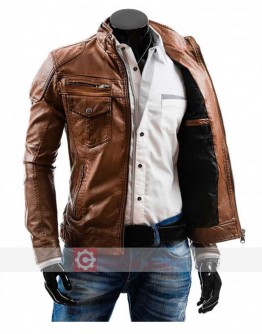 Men's Casual Slim Fit Camel Brown Leather Jacket