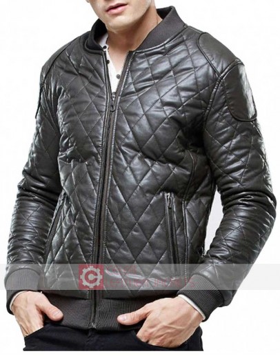 Men's Grey Quilted Biker Bomber Leather Jacket