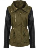 Army Women's Green Coat with Black Leather Sleeves
