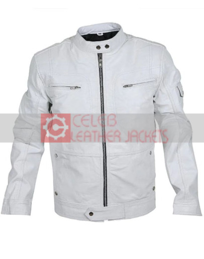 Flawless White Bomber Leather Racer Jacket