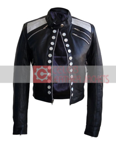 Leather Skin Women Diamond White Buttons Jacket