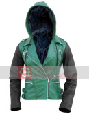 Green Leather Hooded Jacket For Women