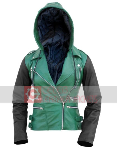 Green Leather Hooded Jacket For Women