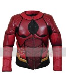 Men's Red And Black Collarless Biker Jacket
