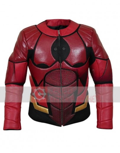 Men's Red And Black Collarless Biker Jacket