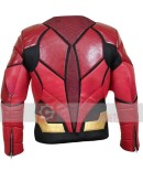 Men's Red And Black Collarless Biker Jacket