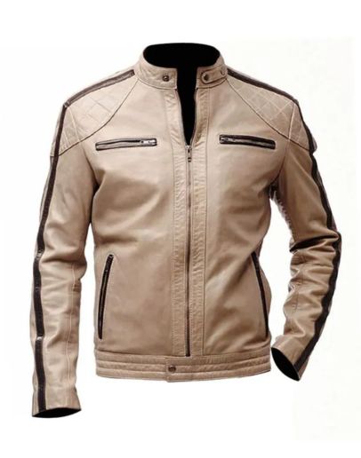 Mens Brown Stripped Beige Leather Jacket