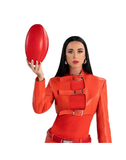 Katy Perry Short Body Orange Leather Jacket at Telstra Pre-Game