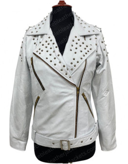 Women Studded Spike White Biker Leather Jacket