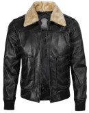 Mens Black Leather Bomber Jacket with Fur Collar