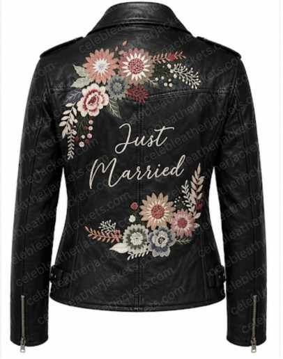 Just Married Black Leather Jacket with Floral Embroidery