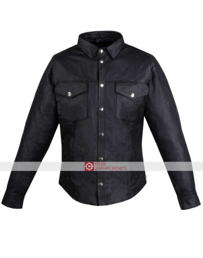 Mens Motorcycle Genuine Leather Black Full Sleeves Poly Liner Black Shirt