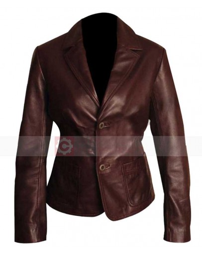 Woman Two Button Dark Brown Leather Blazer Jacket