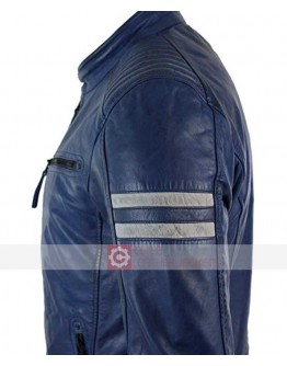 Aviatrix Slim Fit Blue Leather Jacket With White Stripes 