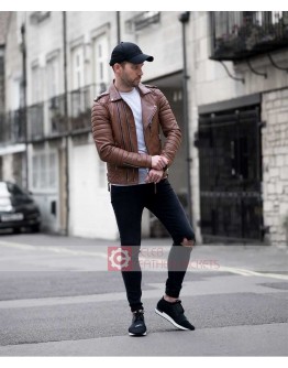 Mens Quilted Slim Fit Tan Brown Leather Jacket