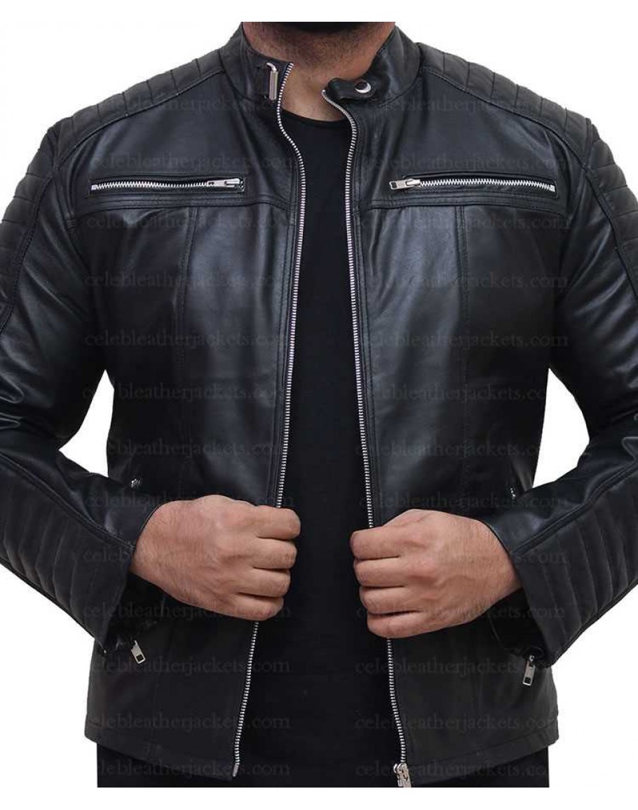 Mens Retro Black Qulited Genuine Leather Bikers Leather Jacket