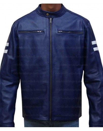 Blue White Striped Leather Jacket 