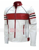 Slimfit Mens White And Red Stripes Leather Jacket