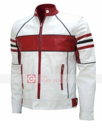 Slimfit Mens White And Red Stripes Leather Jacket