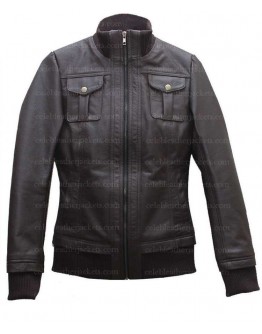 Womens Double Collar Casual Wear Bomber Leather Jacket