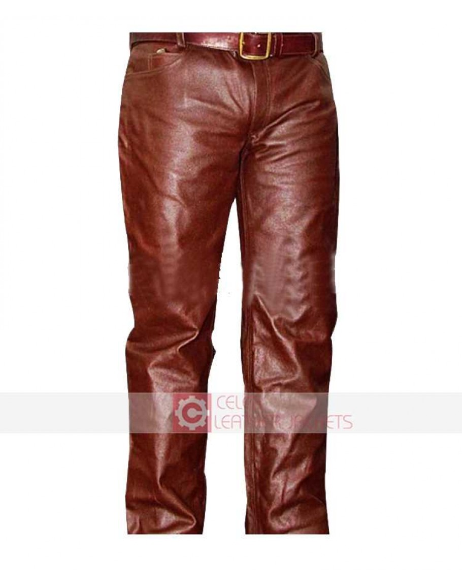 Mens Real Leather Pants Cargo Relaxed Men039s Genuine Trouser Brown 6  Pocket Biker  eBay
