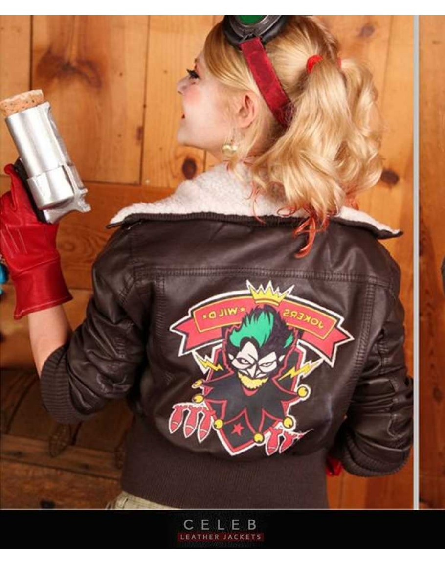 Women's Comic Wild Joker Leather Bombshell Harley Quinn Brown Jacket 