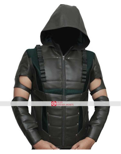 Green Arrow Stephen Amell Hooded Leather Vest