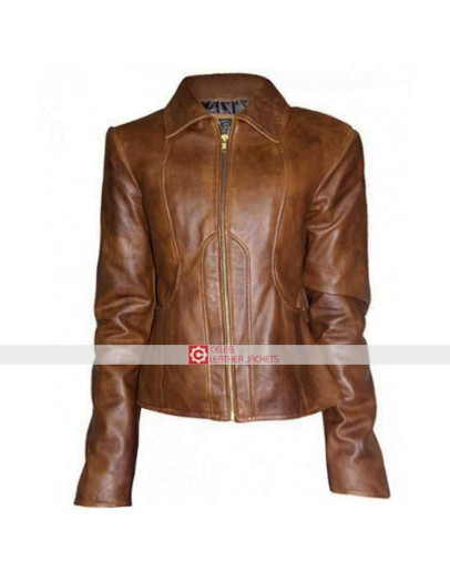 Jennifer Lopez Brown Distressed Leather Jacket