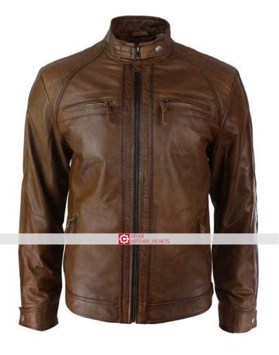 Mens Brown Distressed Hood Quilted Bomber Jacket
