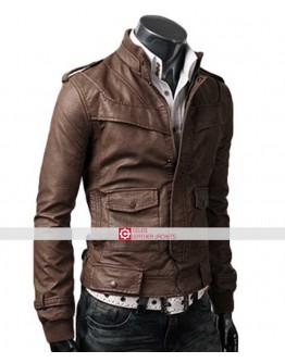 Slim Fit Rocker Light Brown Bomber Leather Jacket