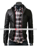 Strap Slim Fit Black Leather Jacket