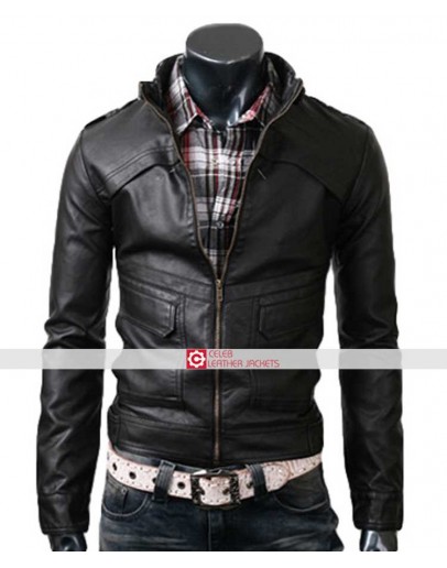 Strap Slim Fit Black Leather Jacket
