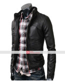 Strap Slim Fit Black Leather Jacket